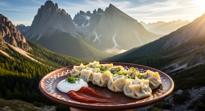 Sepiring pangsit manti tradisional dengan krim asam dan saus merah di lanskap lembah gunung