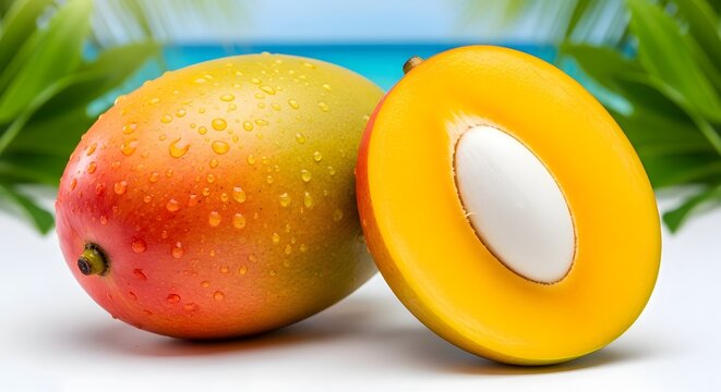 Buah mangga segar utuh dan setengah dengan tetesan air berlatar belakang pantai tropis