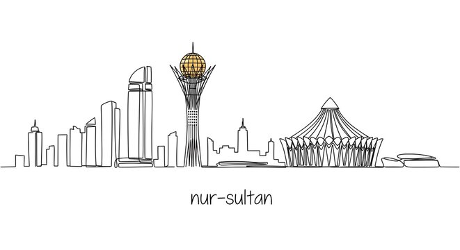 Nur-Sultan City Skyline Continuous Line Drawing Kazakhstan