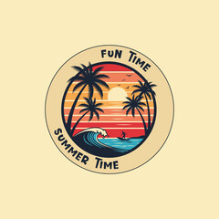 Obraz premium Fun time summer time tropical sunset badge with palm trees and ocean waves, retro typography t-shirt design