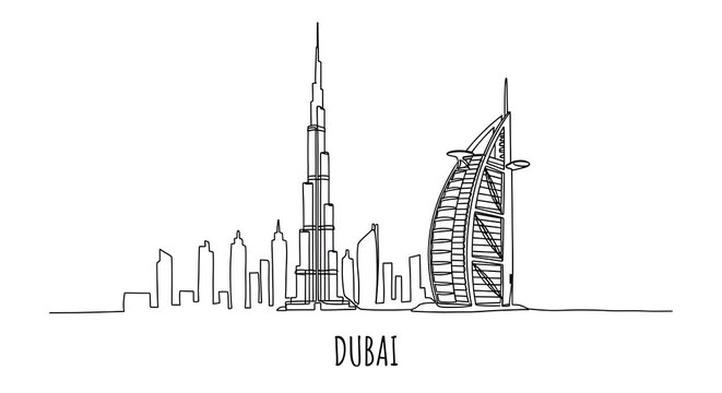 Dubai Skyline Continuous Line Drawing with Burj Khalifa
