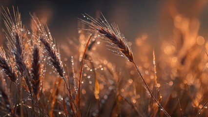 Fototapeta premium Golden Wheat Stalks with Dew Drops at Sunrise