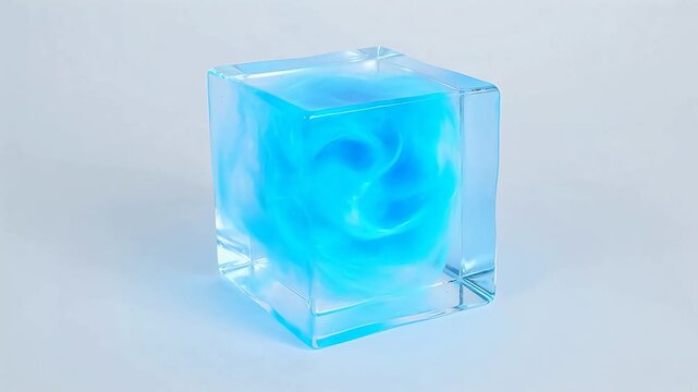 Blue liquid swirling in a transparent cube symbolizing global connectivity and communication