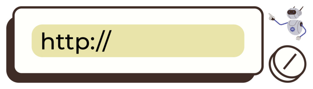 Internet technology, browsing habits, web development, communication tools, programming, virtual assistance. Browser search bar with HTTP prefix and digital robot. Internet technology and browsing