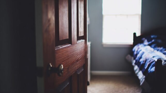 ajar. A slightly open wooden door revealing a tidy bedroom interior, illuminated by gentle sunlight for a cozy domestic feel. lifestyle magazines.
