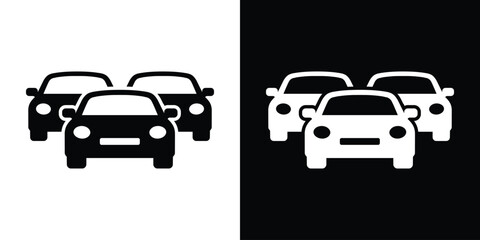 Fototapeta premium Two passenger cars in a row representing a fleet or traffic. Vector icon for car sharing, dealership, parking management, automotive sales, and transportation logistics. Black and white set.
