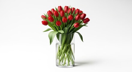 Fototapeta premium Red Tulips Bouquet in Glass Vase, Fresh Spring Flowers, Studio Shot
