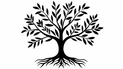 Obraz premium Black tree silhouette simple graphic with leaves and roots on white background