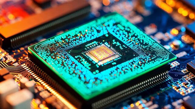 Closeup of a colorful computer chip emphasizing urban lifestyle and city dynamics