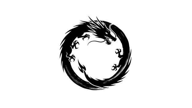 Black dragon silhouette within a circle on white background illustration