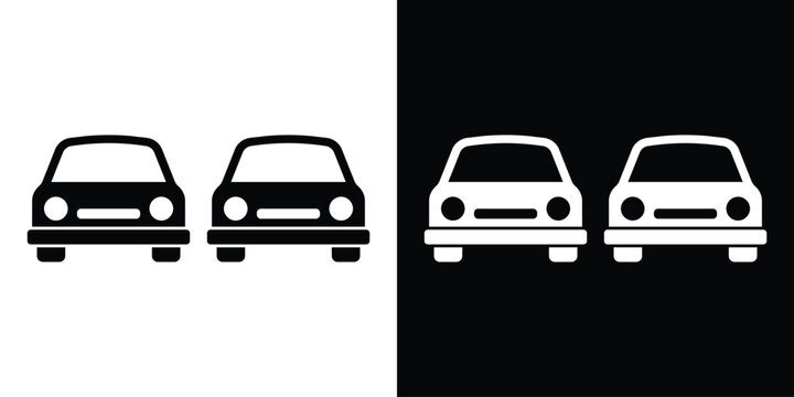 Two passenger cars in a row representing a fleet or traffic. Vector icon for car sharing, dealership, parking management, automotive sales, and transportation logistics. Black and white set.