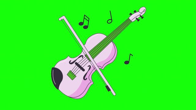 Cartoon Pink Violin with Bow and Musical Notes on Green Screen