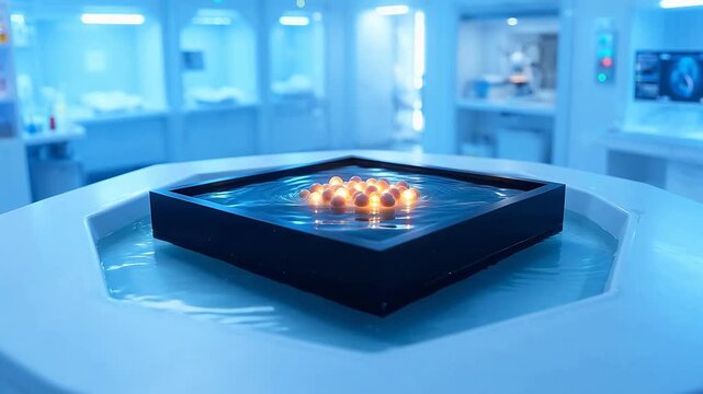 Glowing spheres in water tank ideal for corporate presentations and B2B marketing