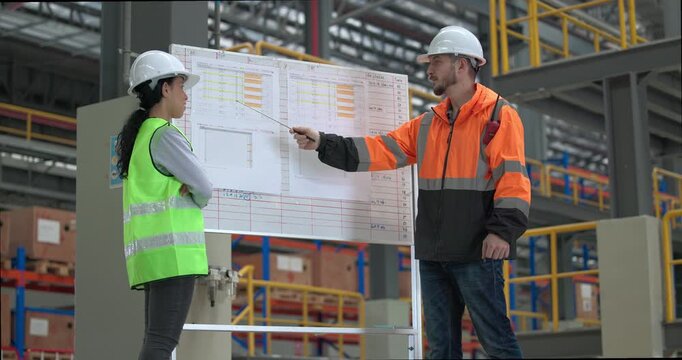 Rail engineers engaged in a planning and review session, focusing on a board displaying schedules, maintenance plans, and performance data of the rail systems. Ensuring efficient rail operations.