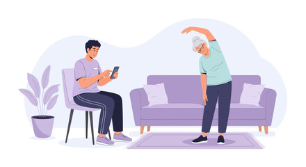 Fototapeta premium Elderly woman doing exercises at home with online trainer guiding her via video call
