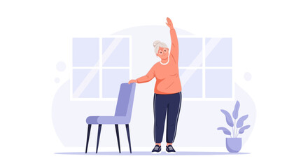 Fototapeta premium Elderly Woman Exercising with Chair Support, Healthy Senior Lifestyle