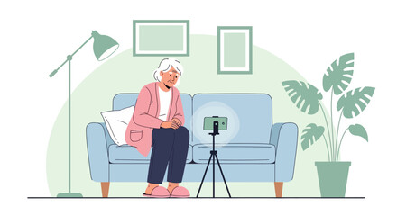 Fototapeta premium Elderly woman filming herself on a smartphone with a ring light at home