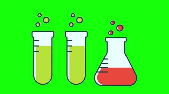 Animated Chemistry Laboratory Flask and Test Tubes on Green Screen