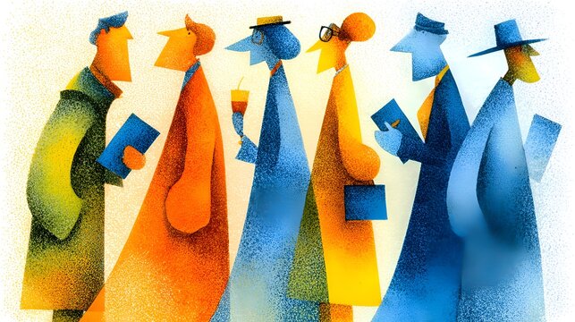 Group of people illustrated in an abstract manner standing together, with varied clothing styles, and holding items in their hands and talking.