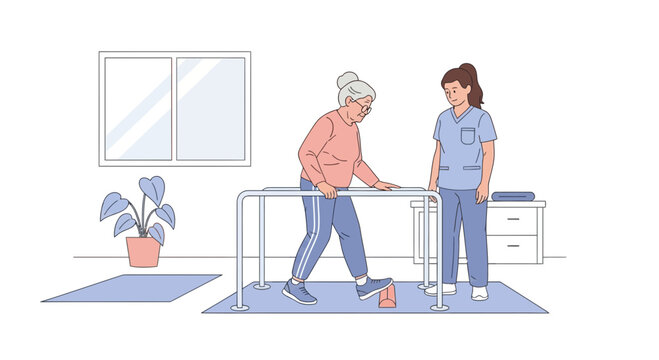 Elderly woman with physical therapist practicing walking with parallel bars for rehabilitation