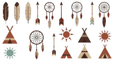 Collection of Native American inspired elements including teepees, dreamcatchers, arrows, feathers, and sun symbols. © art.Co