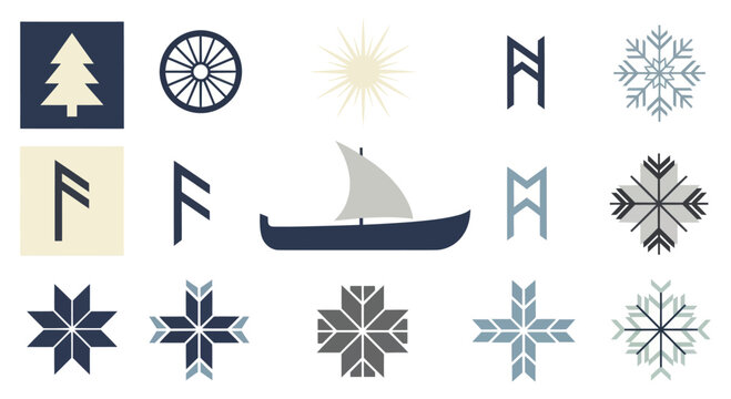 Collection of Nordic and Viking Symbols with Traditional Motifs.