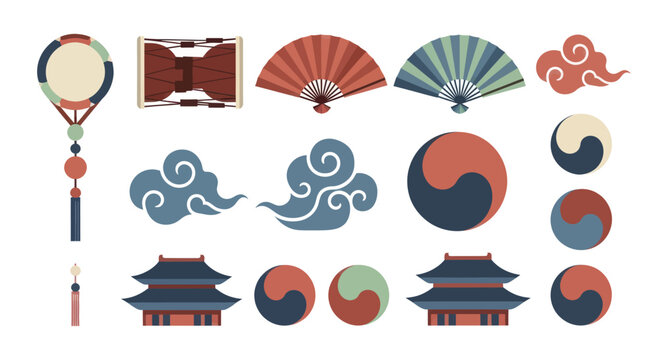 Collection of Traditional Korean Cultural Symbols and Objects.