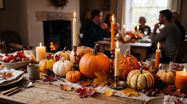 Cozy Autumn Thanksgiving Dinner Table Setting with Pumpkins and Candles.