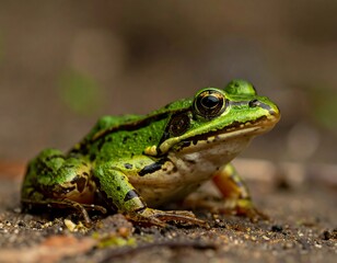Obraz premium Green Pond Frog Resting On Muddy Ground Close Up.