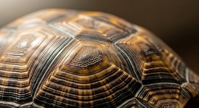 Close-up view of a textured tortoise shell, showcasing its intricate patterns and natural earthy tones for a detailed naturalistic display