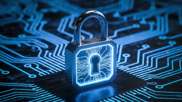 A glowing blue padlock secures a circuit board with neon-like pathways in the background.