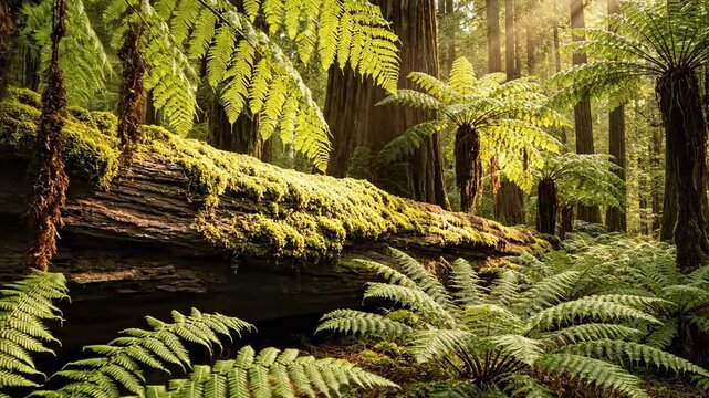 Moss-covered fallen log framed by tall tree ferns and dense understory greenery, with sunlit canopy glow, layered textures and slow atmospheric depth in a richly detailed ancient forest