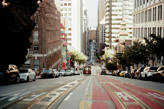 Cable car approaching up steep San Francisco hill