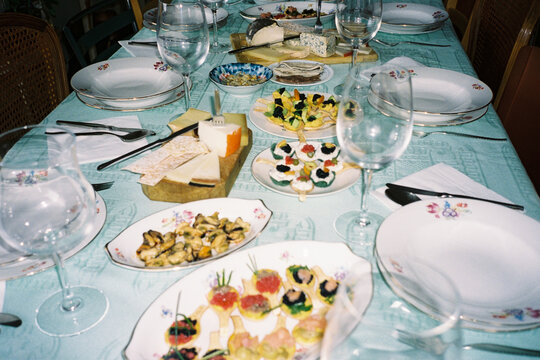 Elegant Dinner Table Setting with Appetizers. Film