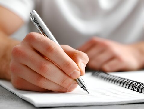 Close up of a person's hand holding a pen writing on a spiral notebook, captu the moment of note taking and creative expression.