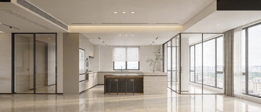 A modern kitchen with large windows and glass doors overlooks the city from a high-rise apartment interior with sleek countertops and shiny floors.