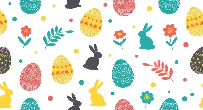Seamless Easter Pattern Colorful Eggs, Bunnies, Flowers  Dots - Festive Holiday Background