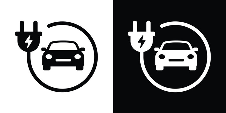 Electric car inside a circular power cable and plug symbol. Vector design illustrating a complete electric vehicle ecosystem, renewable energy loops, and smart charging solutions.