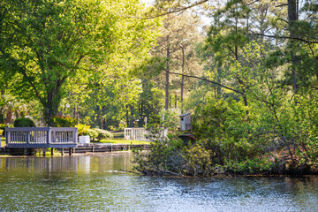 Obraz premium A weathered birdhouse nesting box among the trees and foliage of a small riverbank in a residential community of homes with small docks in South Carolina.