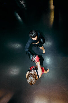 View from above of two female boxers training