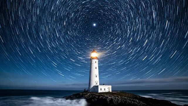 Stunning Time-Lapse of Lighthouse Under a Starry Night Sky with Star Trails.