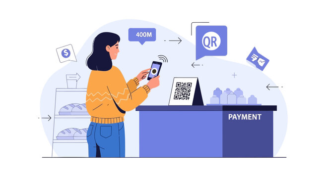 Woman paying with smartphone using QR code at checkout counter, contactless payment concept