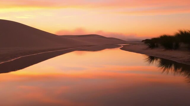 Peach sunset glowing over a desert dune lagoon with silky mirror water, wind shaped sand curves and tufted grasses forming an oasis like composition of stillness, warmth and spacious calm
