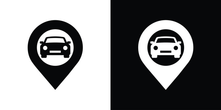 Vector icon set of a car inside a location map pin marker. Represents car parking, location finding, or navigation services. Isolated black and white style for travel and mapping apps.