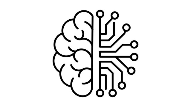 Artificial Intelligence Brain Vector Icon with Editable Stroke, Minimalist Line Art Illustration of Human Mind and Digital Circuitry for Technology, Machine Learning, and Data Science Concepts.