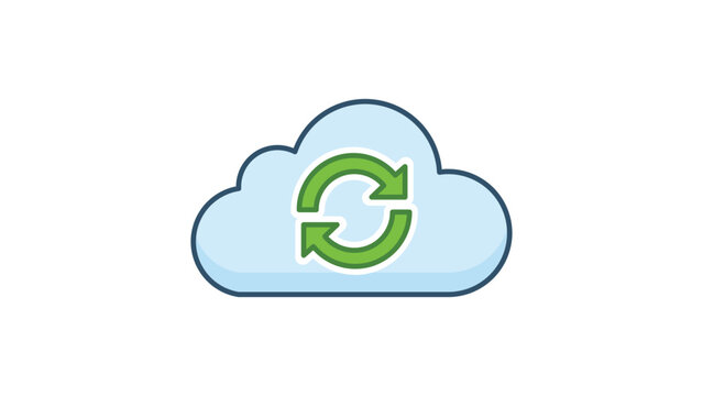 Cloud Sync Vector Icon with Editable Stroke. Modern flat illustration of a blue cloud with green circular arrows representing data backup, synchronization, and storage on a white background.