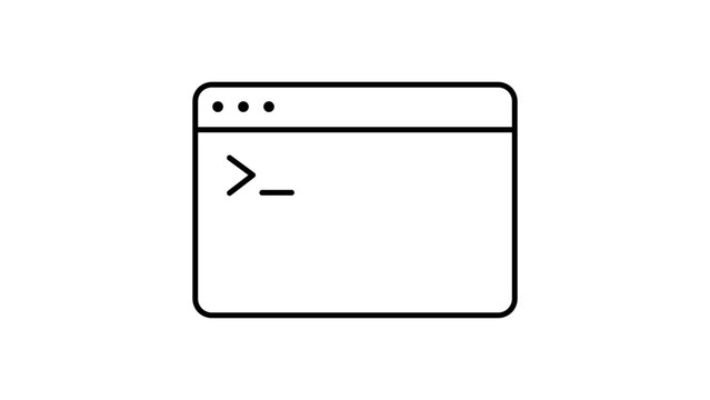 Code Terminal Window Vector Icon with Editable Stroke. Minimalist black line illustration of a command line interface or console for programming, software development, and web coding on white.