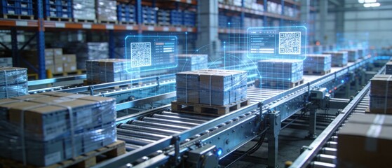 Fototapeta premium An automated conveyor belt system transports boxes in a modern industrial warehouse with digital projections.