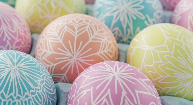 Colorful Easter eggs with white patterns.