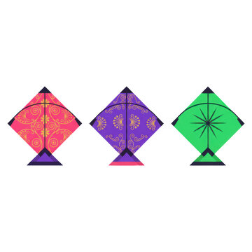 Three traditional indian patang kites arranged in a horizontal line, pink, purple and green diamond shapes with golden patterns on a white background, festive mood